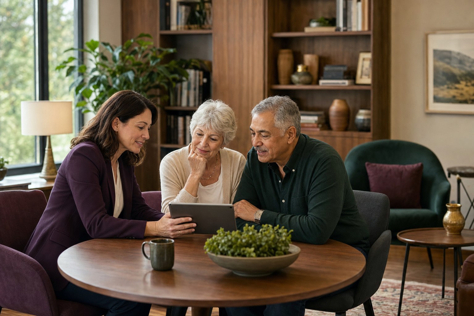 An advisor and an older couple reviewing information together