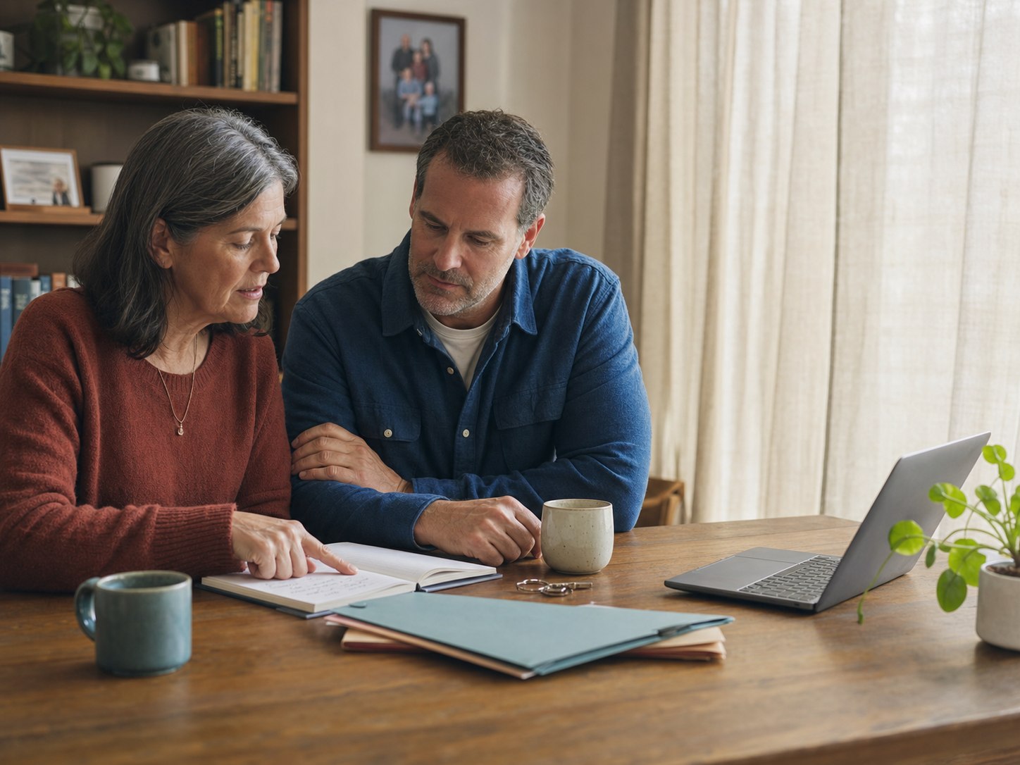 Two family members calmly organizing estate information together