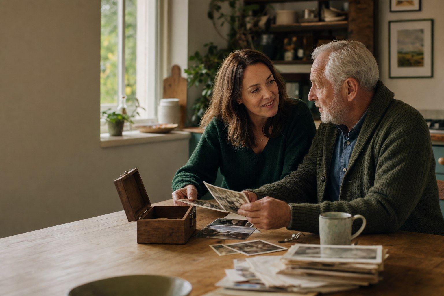 A father and adult daughter looking through family photographs together at a kitchen table